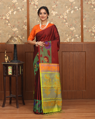 Deep Maroon Pure Kanchipuram Soft Silk Saree with Multicolour Floral Woven Pallu