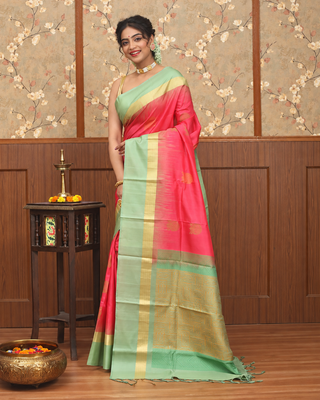 Coral Pink and Sage Green Pure Kanchipuram Soft Silk Saree with Golden Zari Border