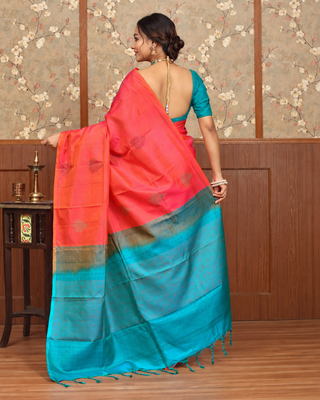 Coral Pink and Turquoise Blue Pure Kanchipuram Soft Silk Saree with Contrast Woven Pallu