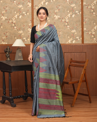Slate Grey Pure Kanchipuram Soft Silk Saree with Olive Green & Muted Maroon Geometric Woven Borders