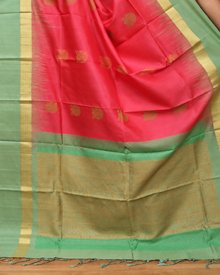 Coral Pink and Sage Green Pure Kanchipuram Soft Silk Saree with Golden Zari Border