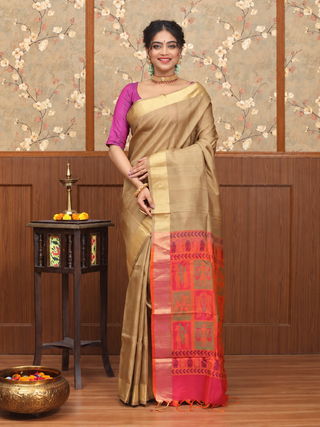 Antique Gold Kanchipuram Soft Silk Saree with Vibrant Coral Pink Patola-Inspired Pallu