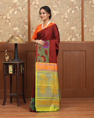 Deep Maroon Pure Kanchipuram Soft Silk Saree with Multicolour Floral Woven Pallu