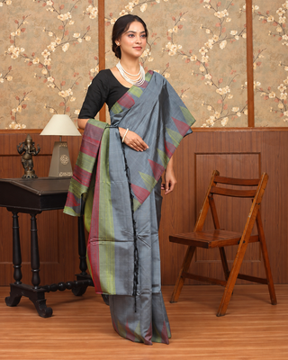 Slate Grey Pure Kanchipuram Soft Silk Saree with Olive Green & Muted Maroon Geometric Woven Borders