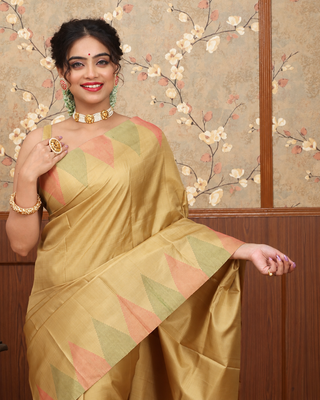 Golden Beige Pure Kanchipuram Soft Silk Saree with Sage Green and Peach Temple Border