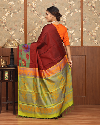 Deep Maroon Pure Kanchipuram Soft Silk Saree with Multicolour Floral Woven Pallu