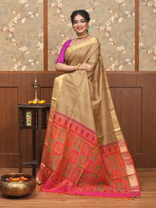 Antique Gold Kanchipuram Soft Silk Saree with Vibrant Coral Pink Patola-Inspired Pallu