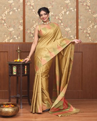Golden Beige Pure Kanchipuram Soft Silk Saree with Sage Green and Peach Temple Border