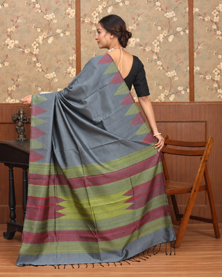 Slate Grey Pure Kanchipuram Soft Silk Saree with Olive Green & Muted Maroon Geometric Woven Borders