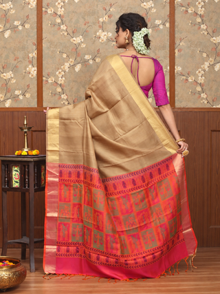 Antique Gold Kanchipuram Soft Silk Saree with Vibrant Coral Pink Patola-Inspired Pallu