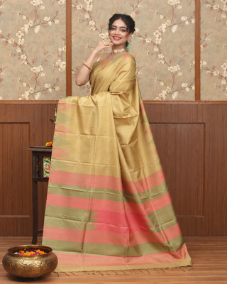 Golden Beige Pure Kanchipuram Soft Silk Saree with Sage Green and Peach Temple Border