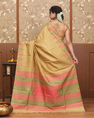 Golden Beige Pure Kanchipuram Soft Silk Saree with Sage Green and Peach Temple Border