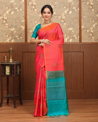 Coral Pink and Turquoise Blue Pure Kanchipuram Soft Silk Saree with Contrast Woven Pallu