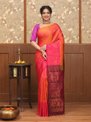 Sunset Orange and Rani Pink Pure Kanchipuram Soft Silk Saree with Paithani-Inspired Border and Pallu