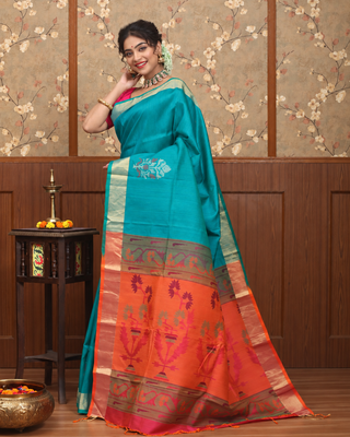 Peacock Teal Blue Pure Kanchipuram Soft Silk Saree with Antique Gold Zari Border and Coral Pink Pallu, Blouse