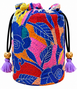 Royal Blue Pure Silk Potli with Vibrant Abstract Kantha Embroidery