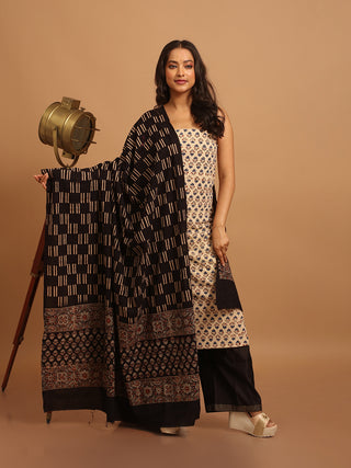 Beige And Black Combination Pure Cambric Cotton Dress Material With Authentic Ajrakh Print