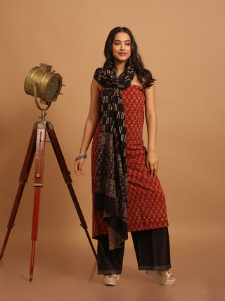 Madder Red And Black Combination Pure Cambric Cotton Dress Material With Authentic Ajrakh Print