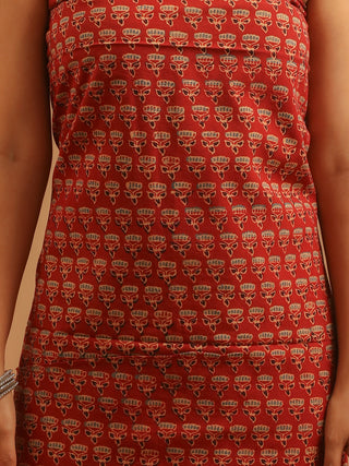 Madder Red And Black Combination Pure Cambric Cotton Dress Material With Authentic Ajrakh Print