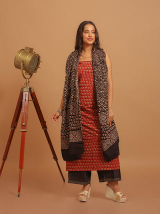 Madder Red And Black Combination Pure Cambric Cotton Dress Material With Authentic Ajrakh Print