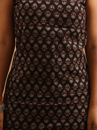 Beige And Black Combination Pure Cambric Cotton Dress Material With Authentic Ajrakh Print