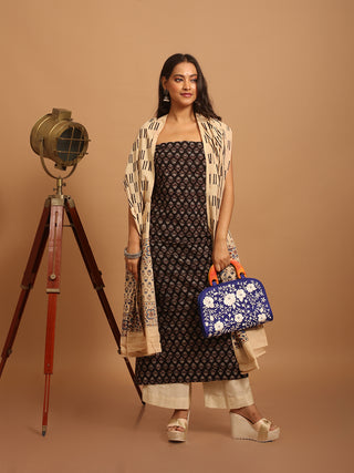 Beige And Black Combination Pure Cambric Cotton Dress Material With Authentic Ajrakh Print