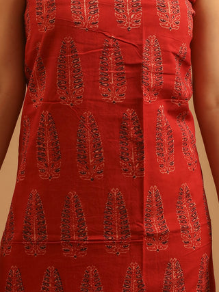 Madder Red And Black Combination Pure Cambric Cotton Dress Material With Authentic Ajrakh Print