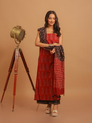 Madder Red And Black Combination Pure Cambric Cotton Dress Material With Authentic Ajrakh Print