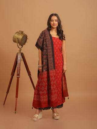 Madder Red And Black Combination Pure Cambric Cotton Dress Material With Authentic Ajrakh Print