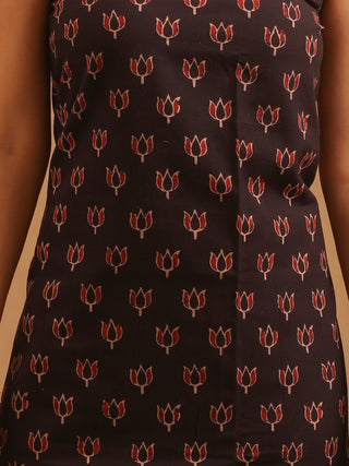 Madder Red And Black Combination Pure Cambric Cotton Dress Material With Authentic Ajrakh Print