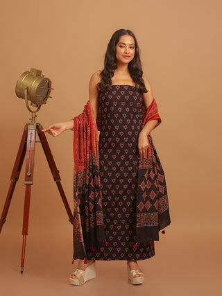 Madder Red And Black Combination Pure Cambric Cotton Dress Material With Authentic Ajrakh Print