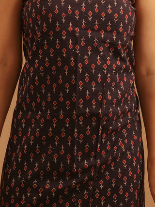 Madder Red And Black Combination Pure Cambric Cotton Dress Material With Authentic Ajrakh Print