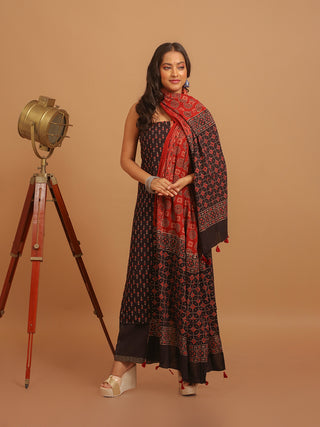 Madder Red And Black Combination Pure Cambric Cotton Dress Material With Authentic Ajrakh Print