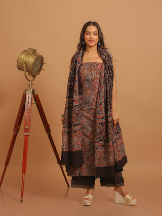Madder Red And Black Three Piece Pure Cambric Cotton Ajrakh Dress Material Featuring A Panel Design