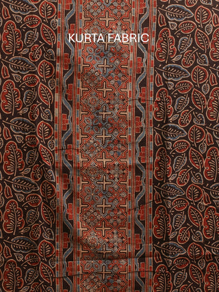 Madder Red And Black Three Piece Pure Cambric Cotton Ajrakh Dress Material Featuring A Panel Design