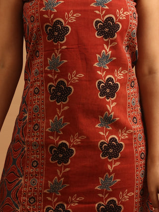 Madder Red Colour Three Piece Pure Cambric Cotton Ajrakh Dress Material Featuring A Panel Design
