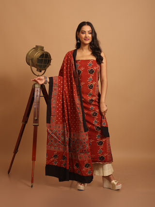 Madder Red Colour Three Piece Pure Cambric Cotton Ajrakh Dress Material Featuring A Panel Design