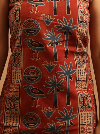 Madder Red Colour Three Piece Pure Cambric Cotton Ajrakh Dress Material Featuring A Panel Design