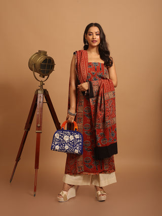 Madder Red Colour Three Piece Pure Cambric Cotton Ajrakh Dress Material Featuring A Panel Design