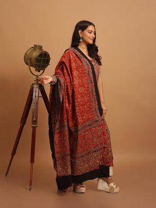 Madder Red-Brown-Black Three Piece Pure Cambric Cotton Ajrakh Dress Material Featuring A Panel Design