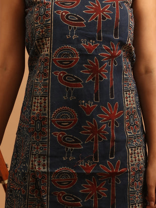 Indigo Blue Three Piece Pure Cambric Cotton Ajrakh Dress Material Featuring A Panel Design