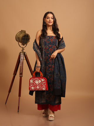 Indigo Blue Three Piece Pure Cambric Cotton Ajrakh Dress Material Featuring A Panel Design