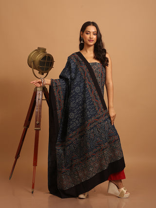indigo Blue Three Piece Pure Cambric Cotton Ajrakh Dress Material Featuring A Panel Design