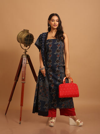 Indigo Blue Three Piece Pure Cambric Cotton Ajrakh Dress Material Featuring A Panel Design