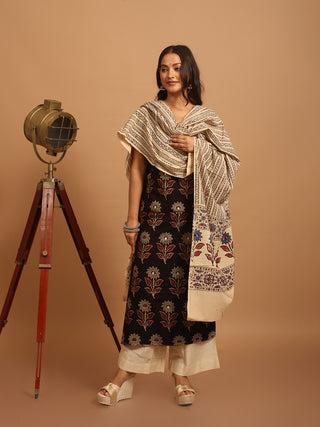 Beige And Black Combination Pure Cambric Cotton Dress Material With Authentic Ajrakh Print And Mirror Highlights
