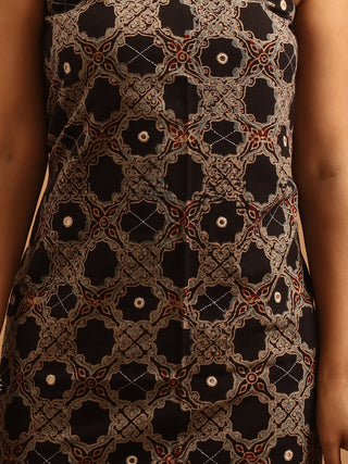 Beige And Black Combination Pure Cambric Cotton Dress Material With Authentic Ajrakh Print, Kantha Work And Mirror Highlights