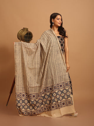 Beige And Black Combination Pure Cambric Cotton Dress Material With Authentic Ajrakh Print, Kantha Work And Mirror Highlights