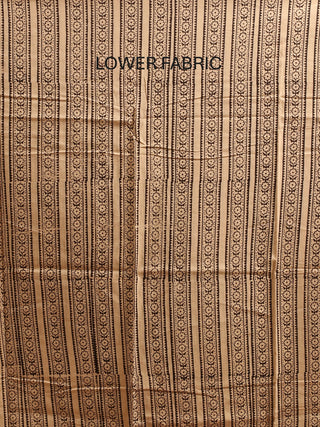 Beige And Black Combination Pure Cambric Cotton Dress Material With Authentic Ajrakh Print, Kantha Work And Mirror Highlights