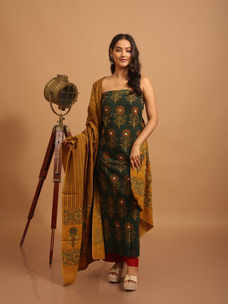 Forest Green And Mustard Combination Pure Cambric Cotton Dress Material With Authentic Ajrakh Print And Mirror Highlights