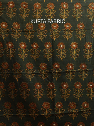 Forest Green And Mustard Combination Pure Cambric Cotton Dress Material With Authentic Ajrakh Print And Mirror Highlights